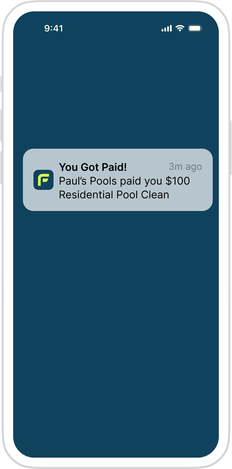 Talent app payout confirmation notification, you got paid $100 for a residential pool clean